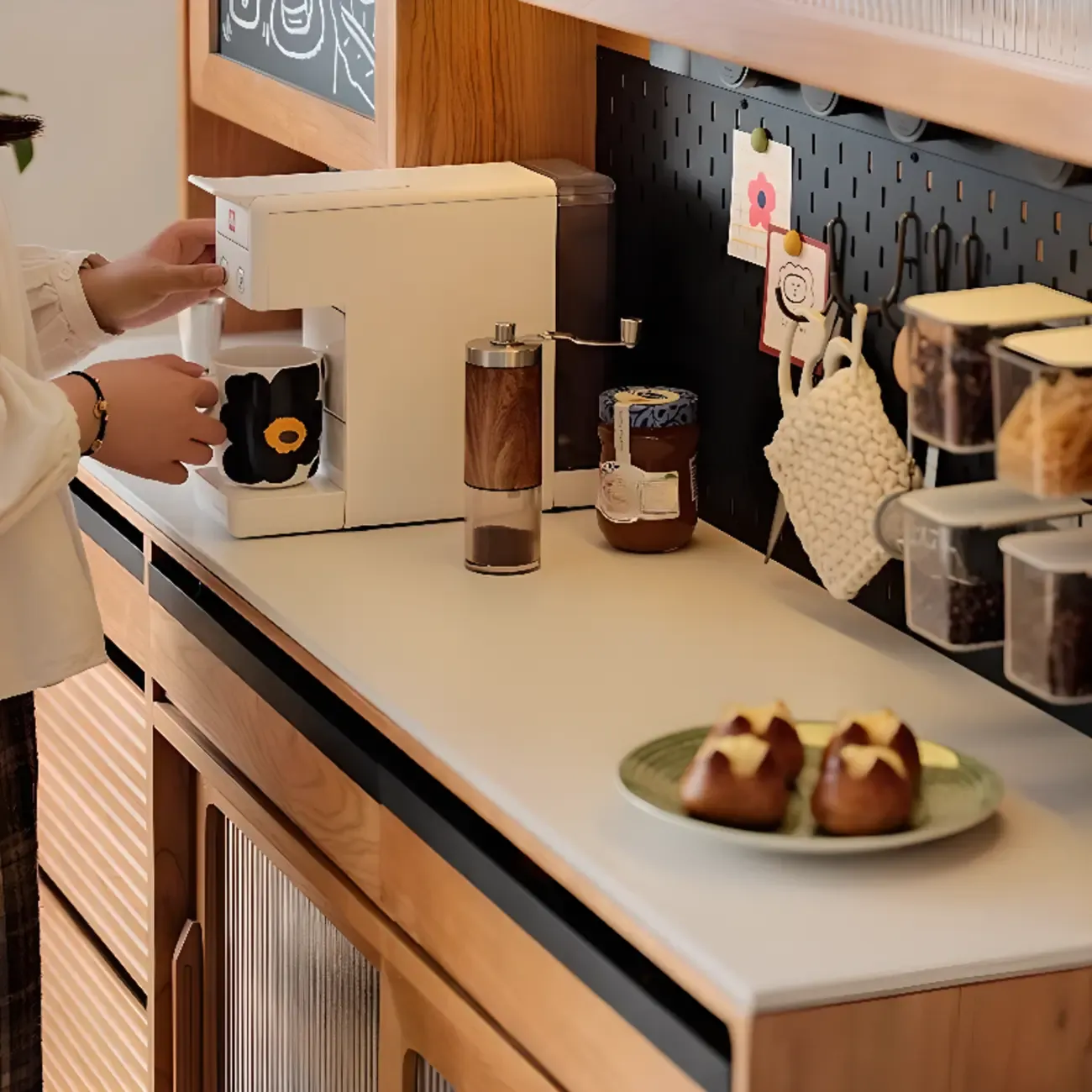 Modern Wood Sideboard with Cabinets and Stone Top Image - 8