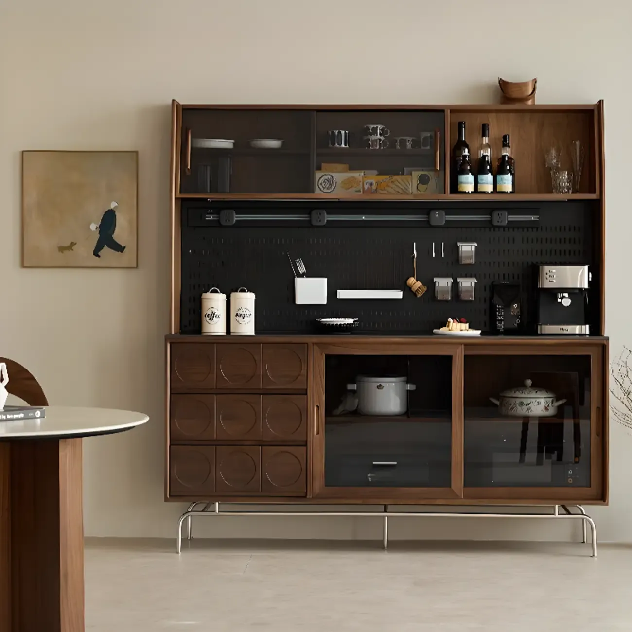 Modern Wood Buffet with Stone Countertop and Sliding Doors Image - 4