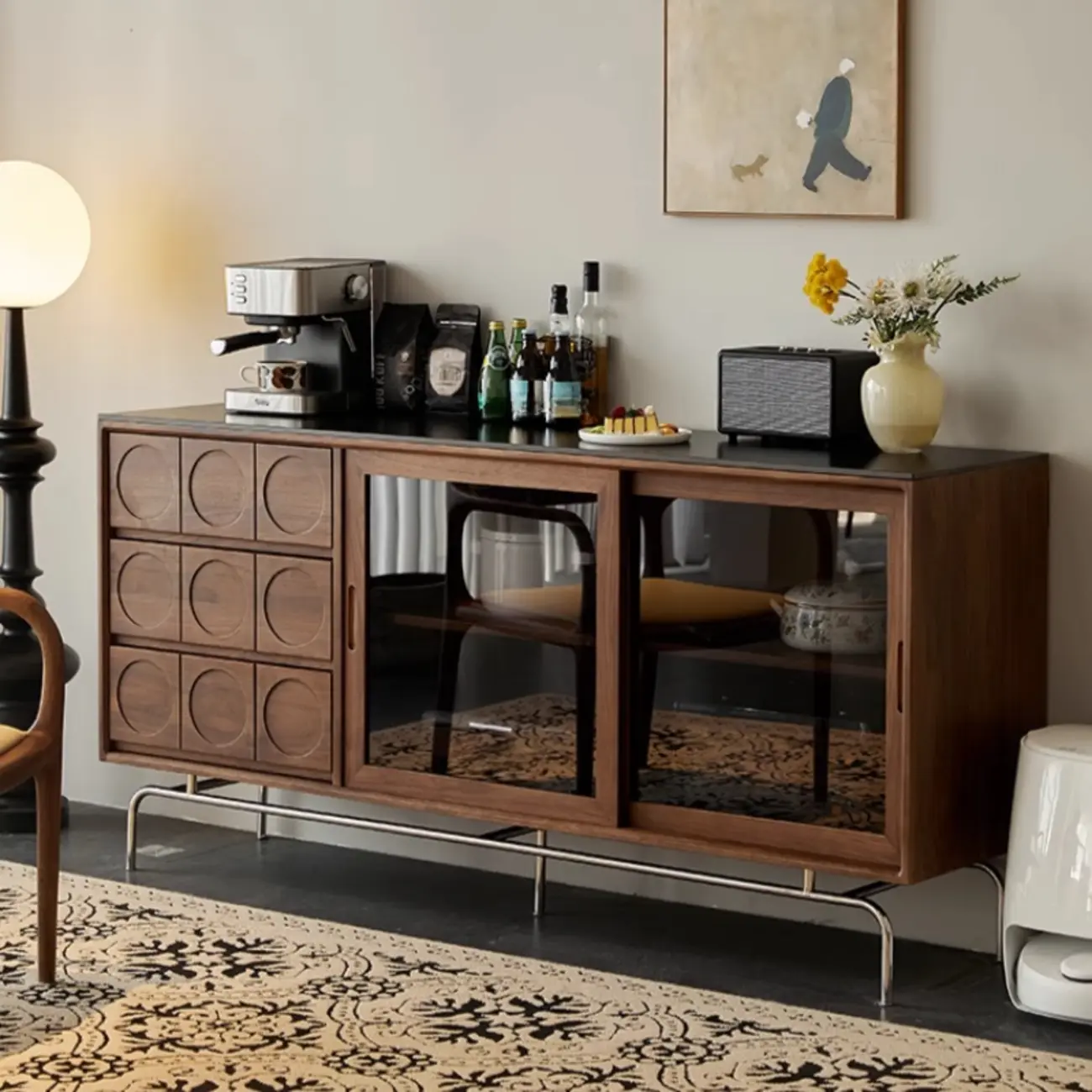 Modern Wood Buffet with Stone Countertop and Sliding Doors Image - 5 | homeyfad