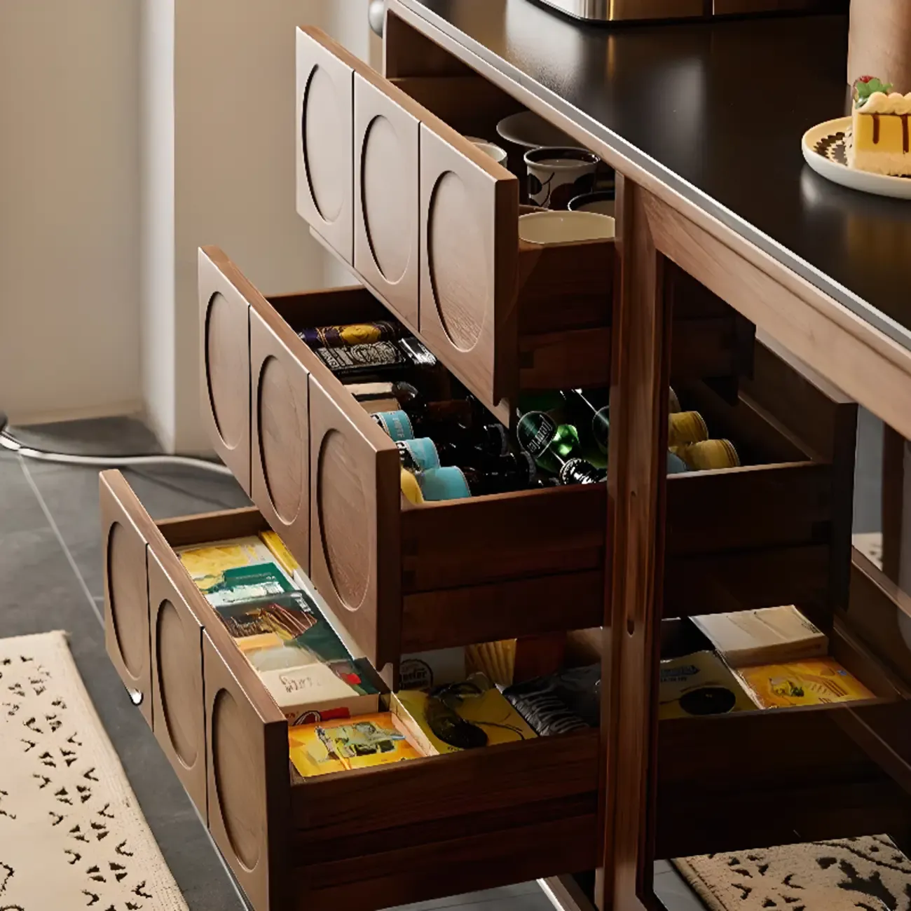 Modern Wood Buffet with Stone Countertop and Sliding Doors Image - 6