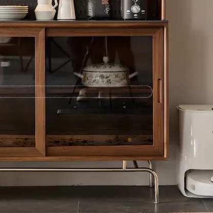 Modern Wood Buffet with Stone Countertop and Sliding Doors Image - 7