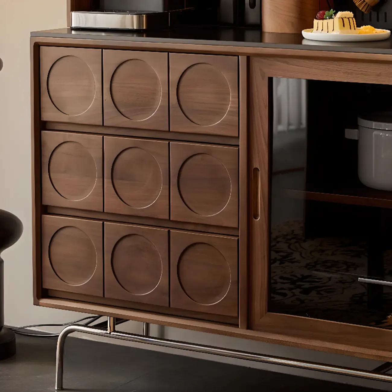 Modern Wood Buffet with Stone Countertop and Sliding Doors Image - 10