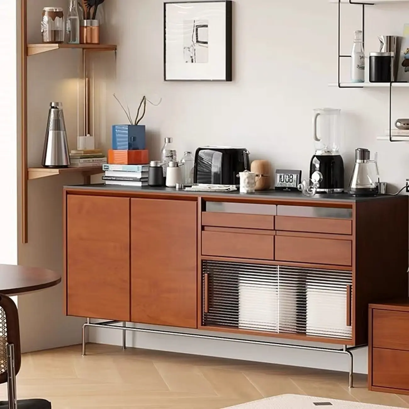 Modern Pine Cherry Wood Sliding Doors Buffet Image - 1 | homeyfad