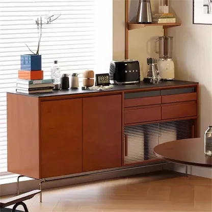 Modern Pine Cherry Wood Sliding Doors Buffet Image - 2