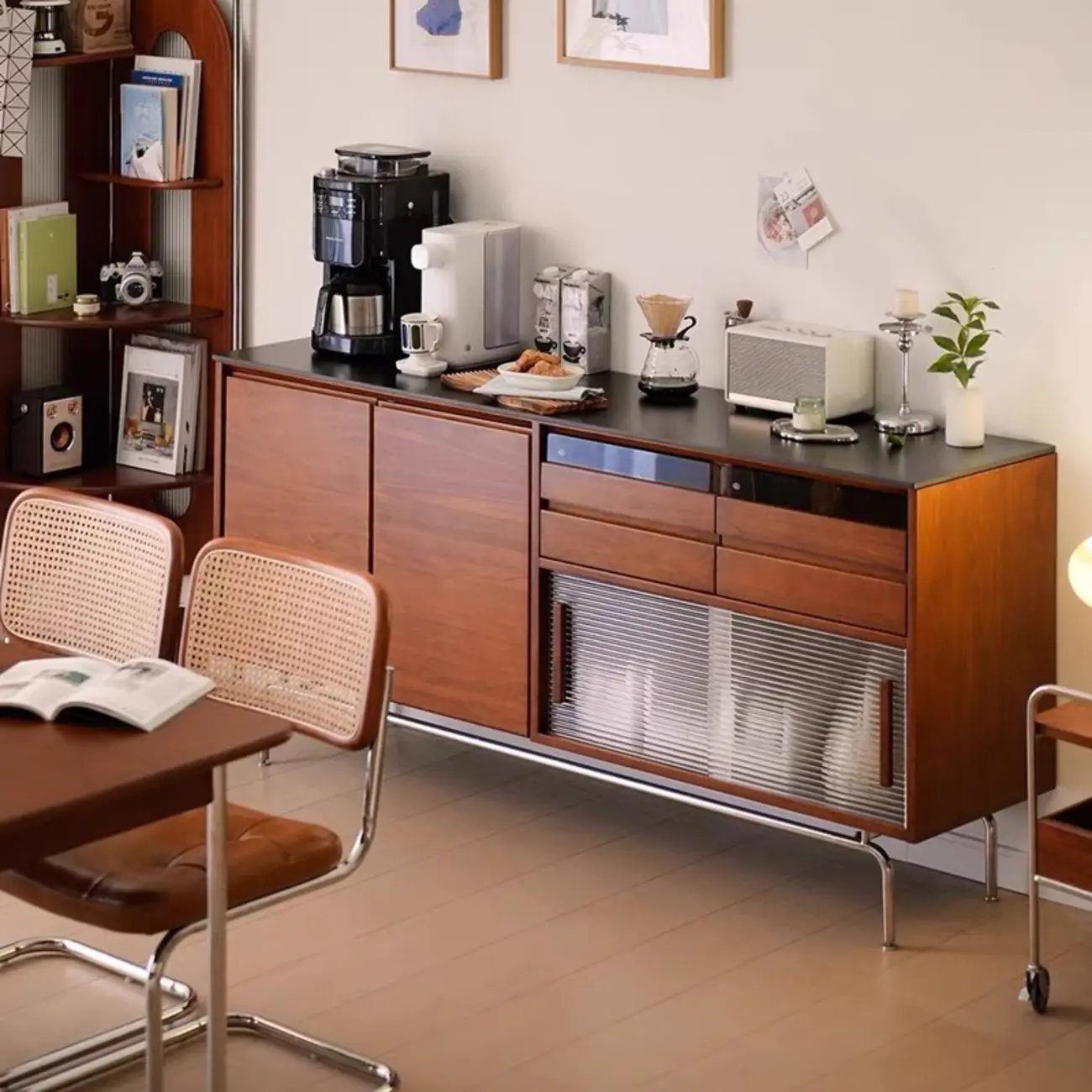 Modern Pine Cherry Wood Sliding Doors Buffet Image - 3 | homeyfad