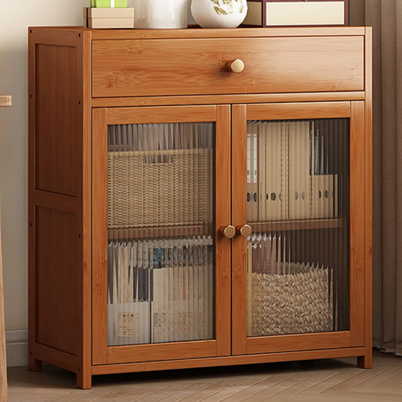 Modern Bamboo Narrow Storage Sideboard with Cabinets Image - 3 | homeyfad