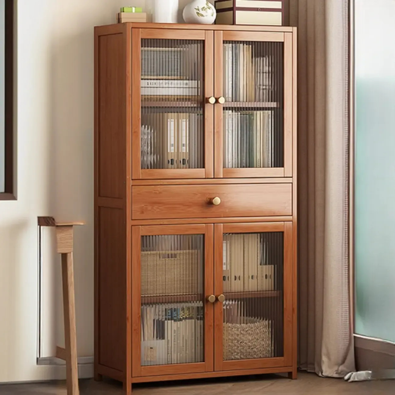 Modern Bamboo Narrow Storage Sideboard with Cabinets Image - 7