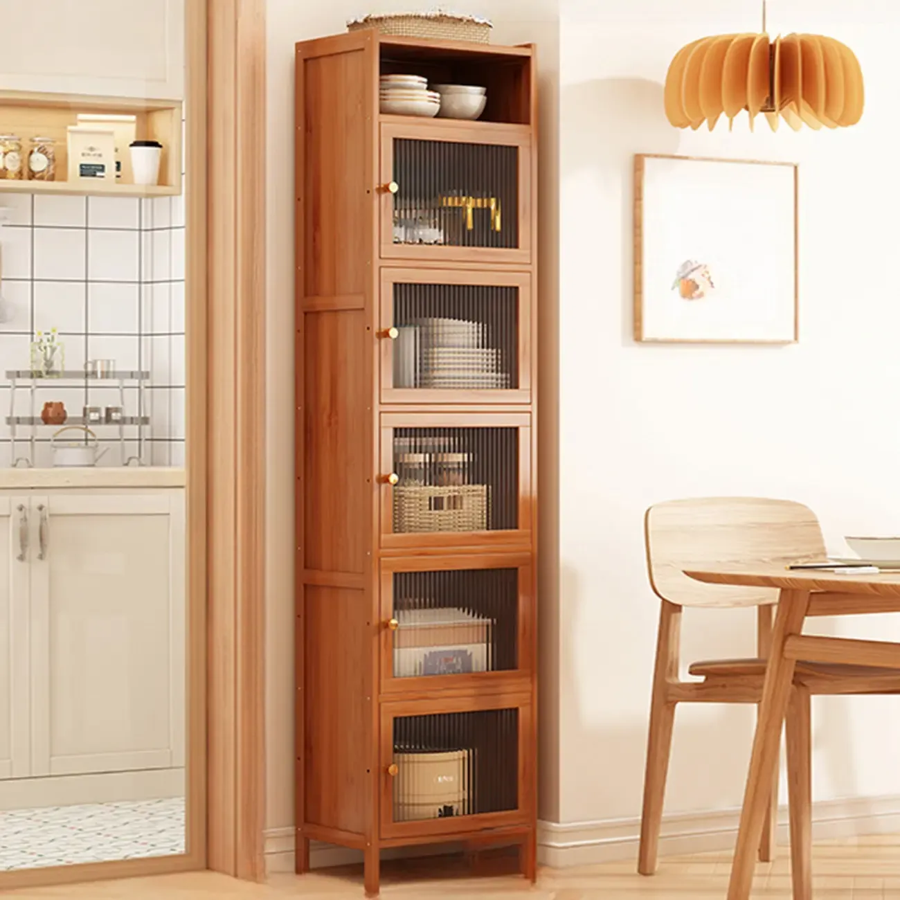 Modern Narrow Bamboo Buffet with Wooden Countertop Image - 2