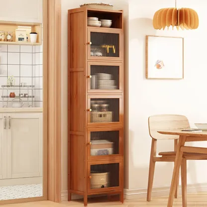 Modern Narrow Bamboo Buffet with Wooden Countertop Image - 2