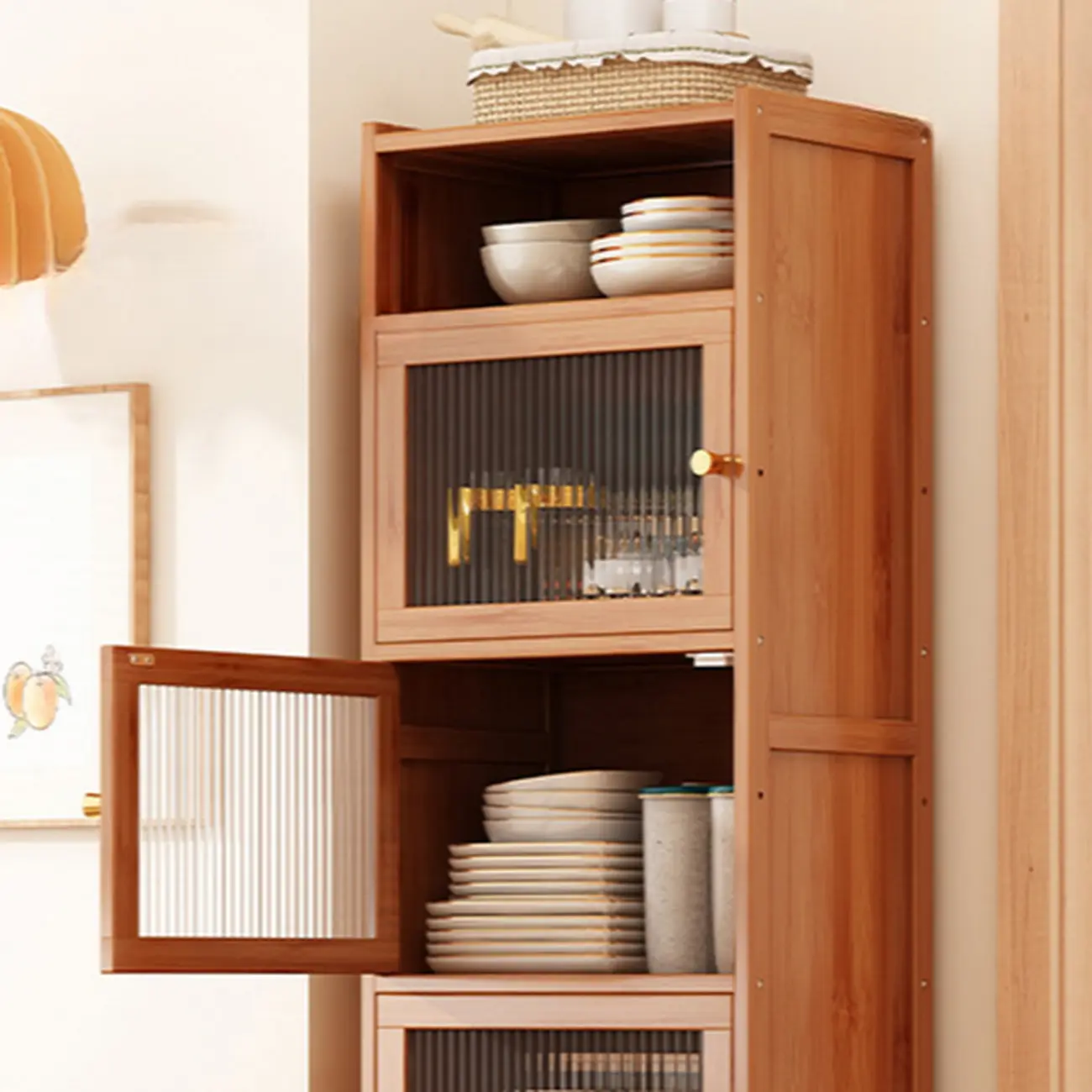 Modern Narrow Bamboo Buffet with Wooden Countertop Image - 3 | homeyfad