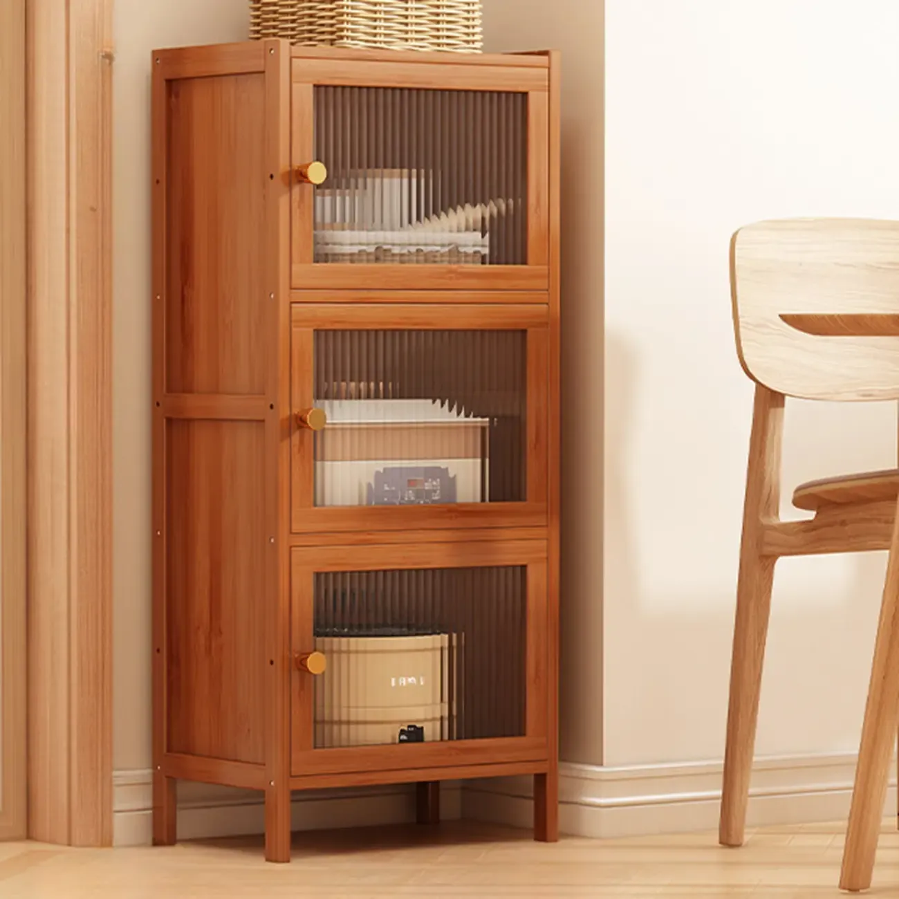 Modern Narrow Bamboo Buffet with Wooden Countertop Image - 4