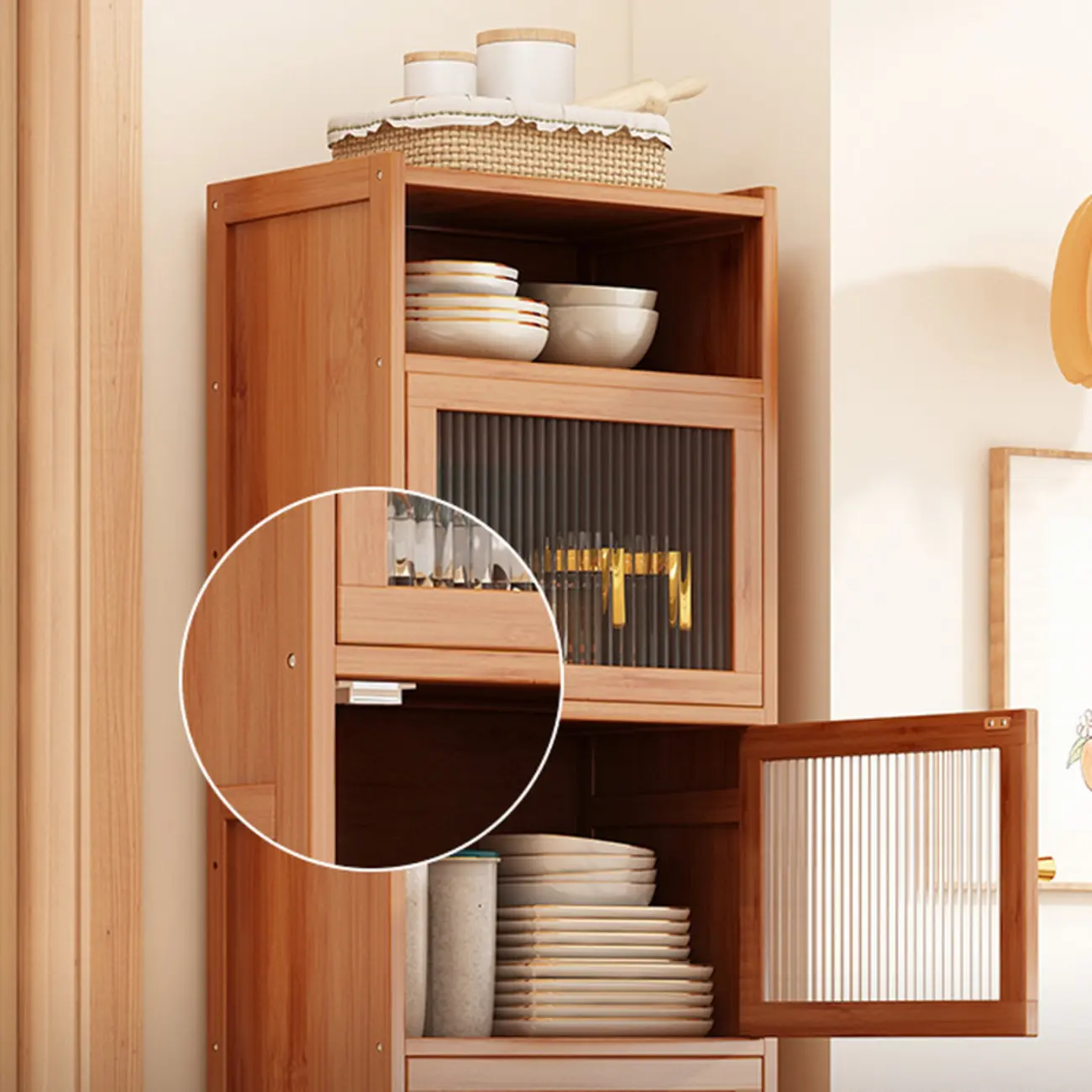 Modern Narrow Bamboo Buffet with Wooden Countertop Image - 5 | homeyfad