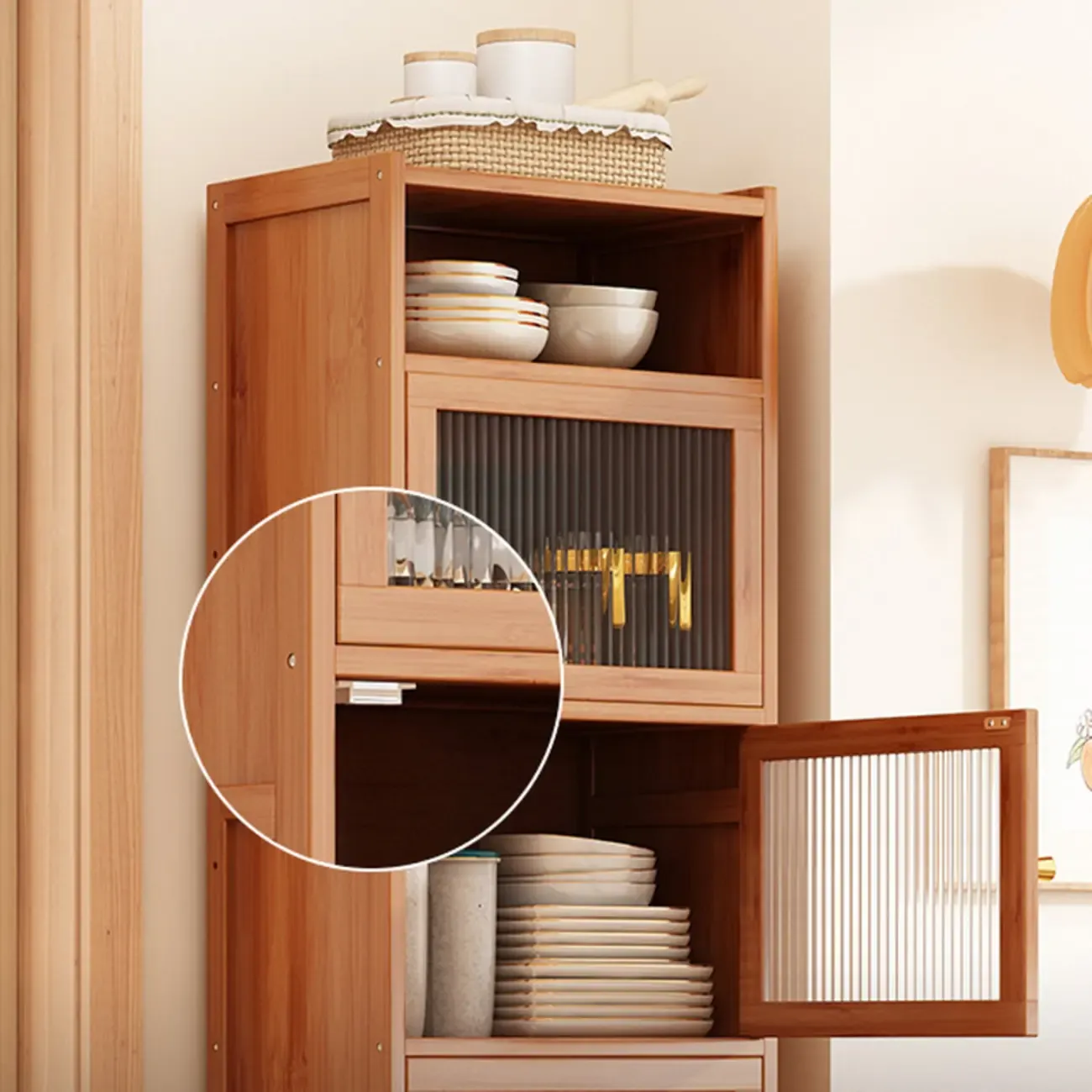 Modern Narrow Bamboo Buffet with Wooden Countertop Image - 5