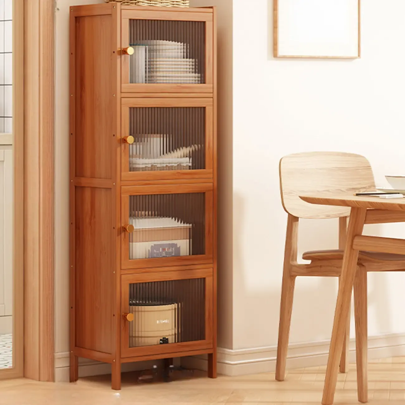 Modern Narrow Bamboo Buffet with Wooden Countertop Image - 6