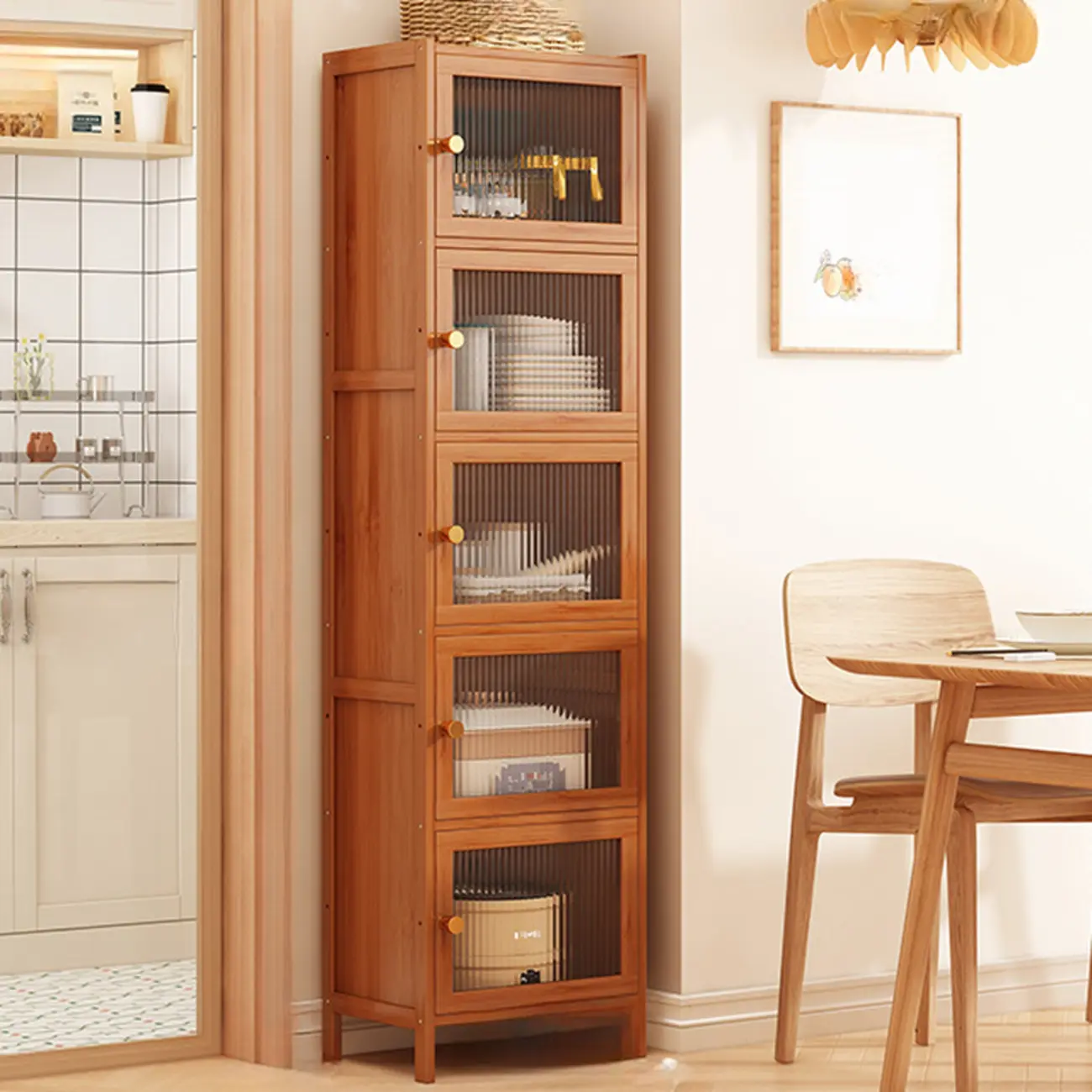 Modern Narrow Bamboo Buffet with Wooden Countertop Image - 8 | homeyfad