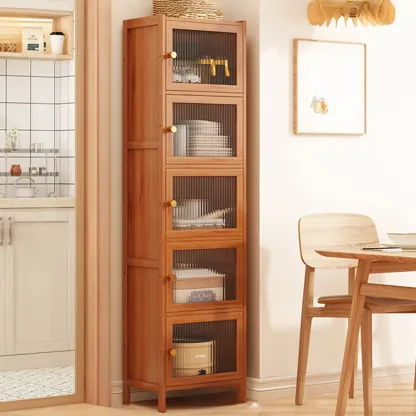 Modern Narrow Bamboo Buffet with Wooden Countertop Image - 8