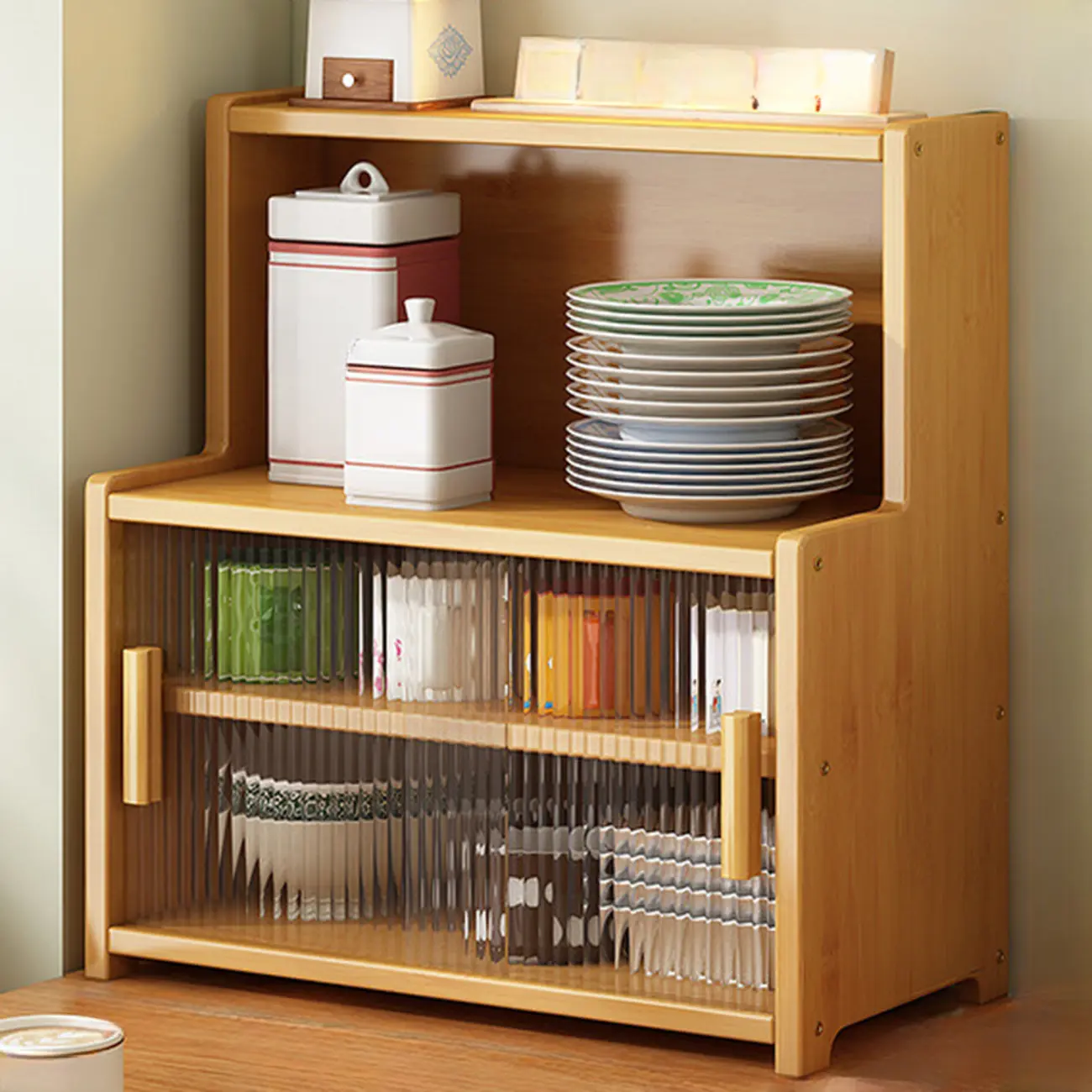 Modern Bamboo Narrow Buffet with Wood Countertop Image - 2 | homeyfad