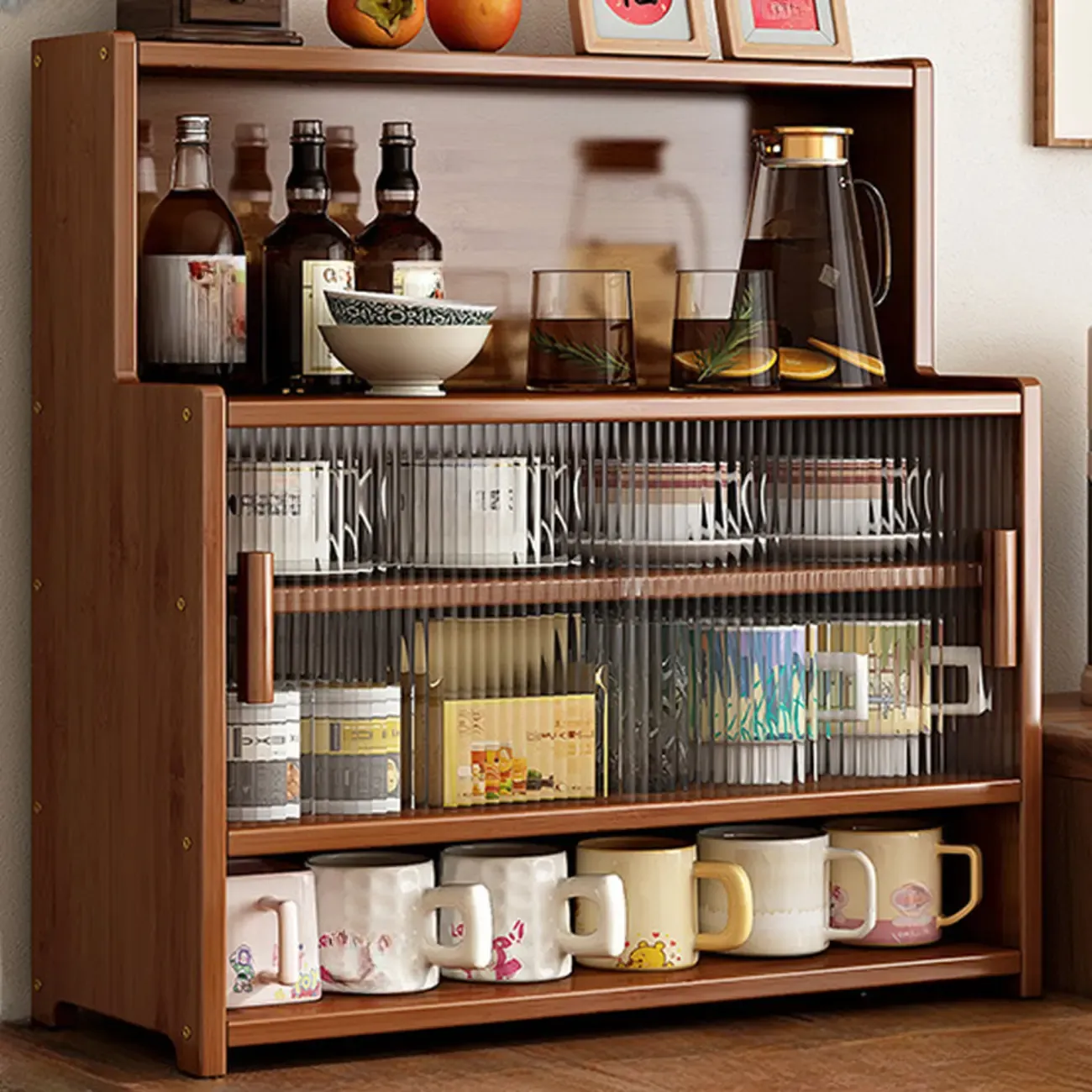 Modern Bamboo Narrow Buffet with Wood Countertop Image - 5