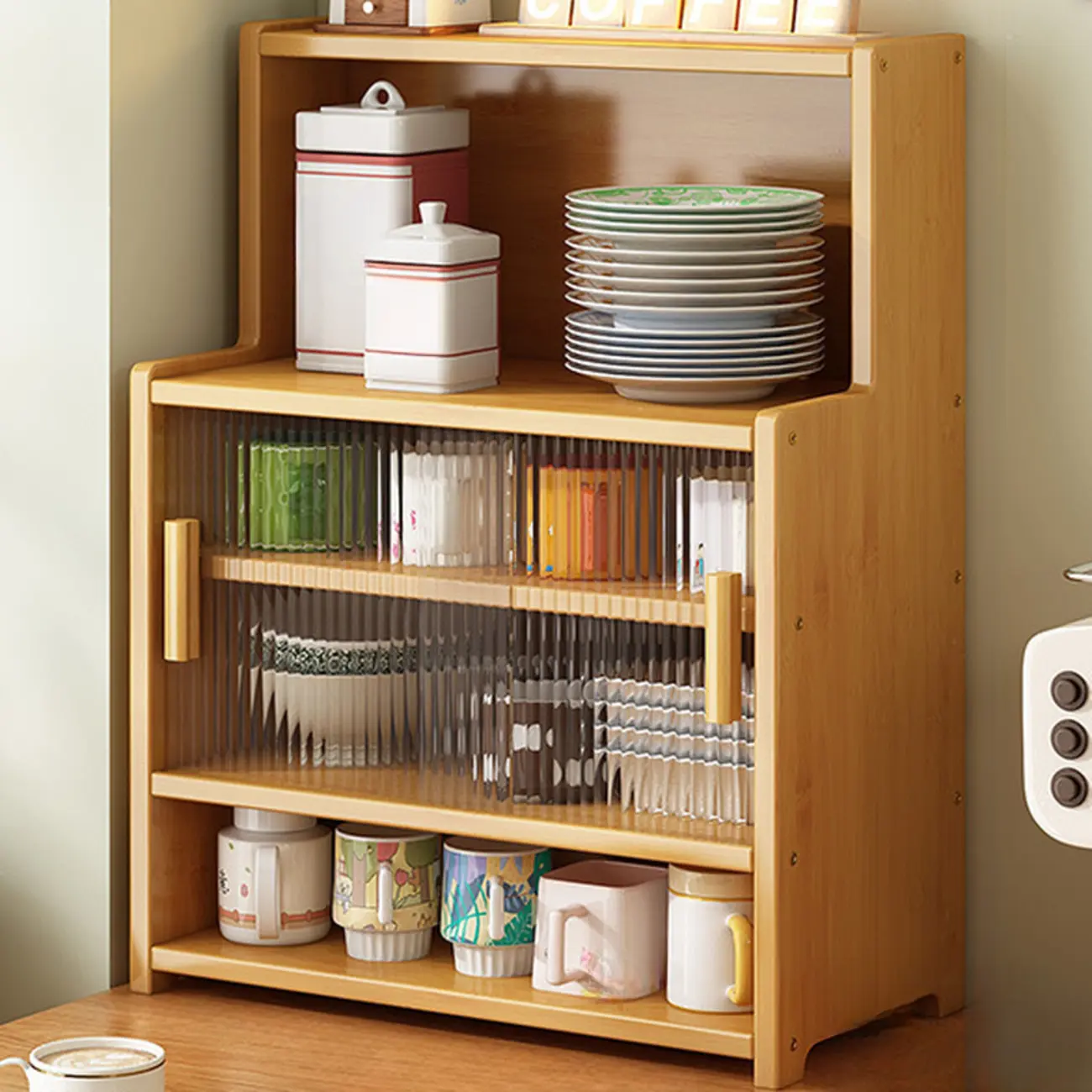 Modern Bamboo Narrow Buffet with Wood Countertop Image - 8 | homeyfad