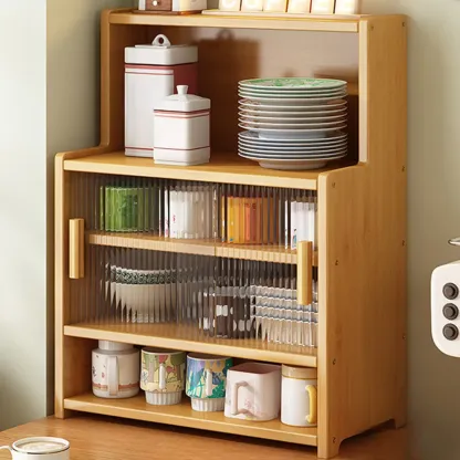 Modern Bamboo Narrow Buffet with Wood Countertop Image - 8