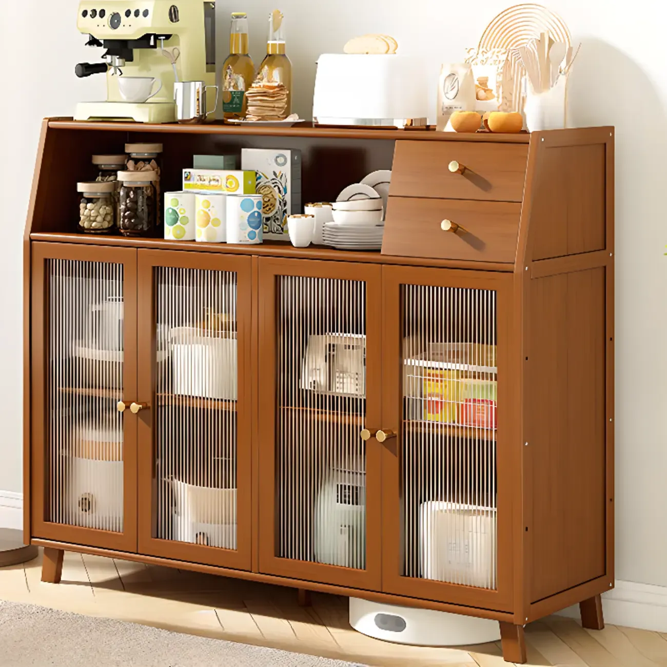 Modern Bamboo Narrow Storage Buffet Cabinet Image - 1