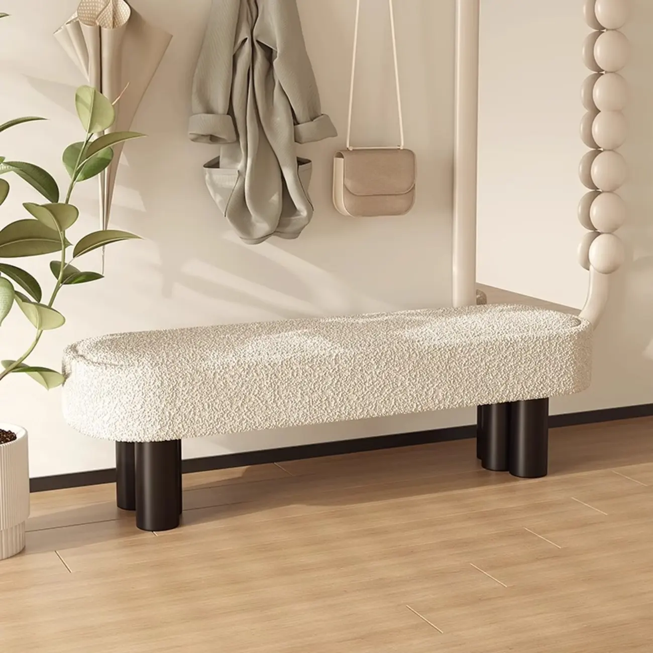 Modern Beige Upholstered Bedroom Bench Metal Frame Image - 1 | homeyfad