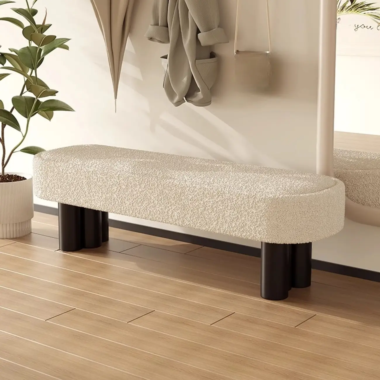 Modern Beige Upholstered Bedroom Bench Metal Frame Image - 3 | homeyfad