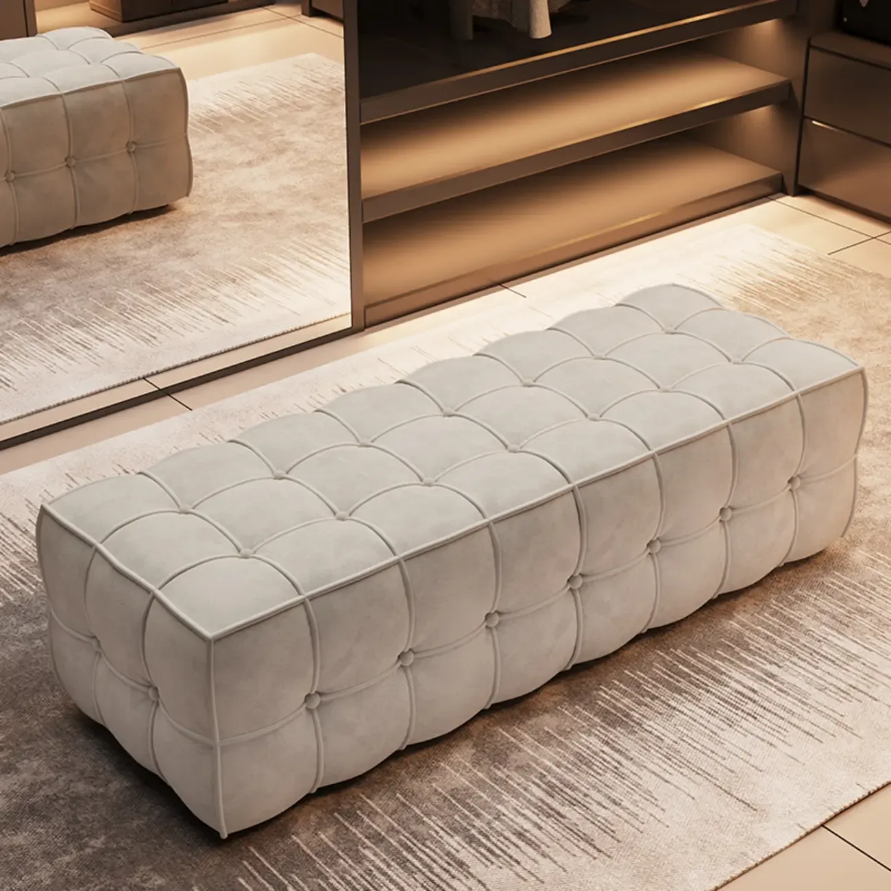 Modern White Upholstered Tufted Bedroom Bench Image - 1