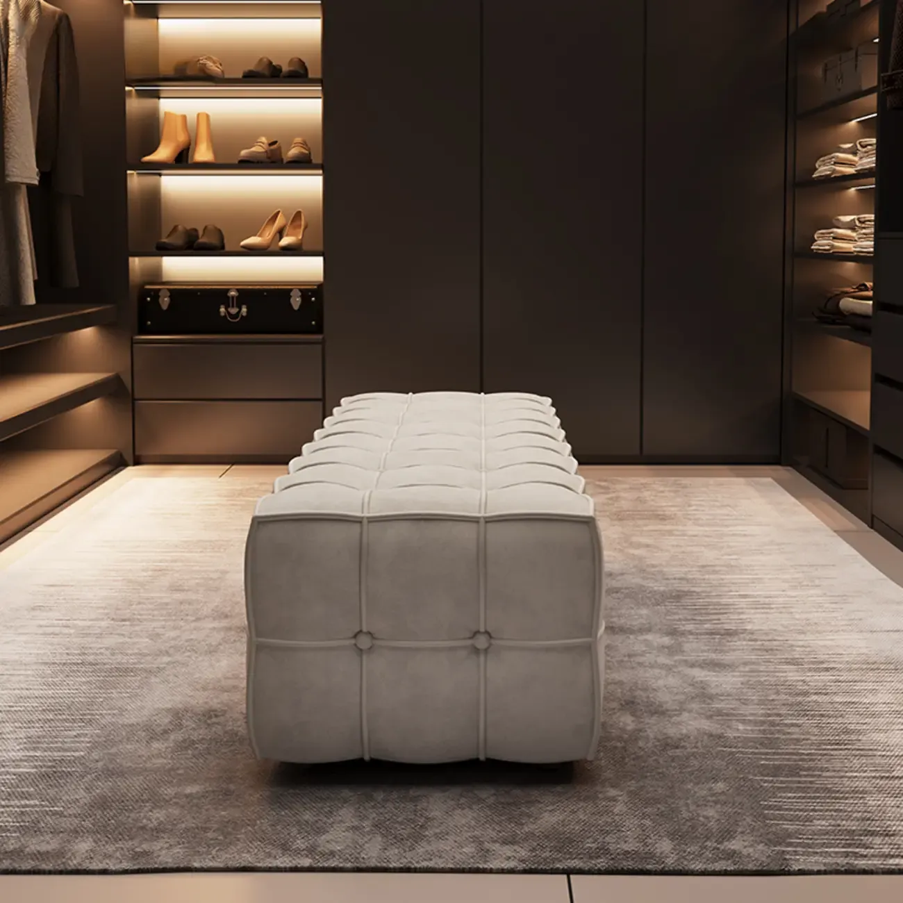 Modern White Upholstered Tufted Bedroom Bench Image - 3