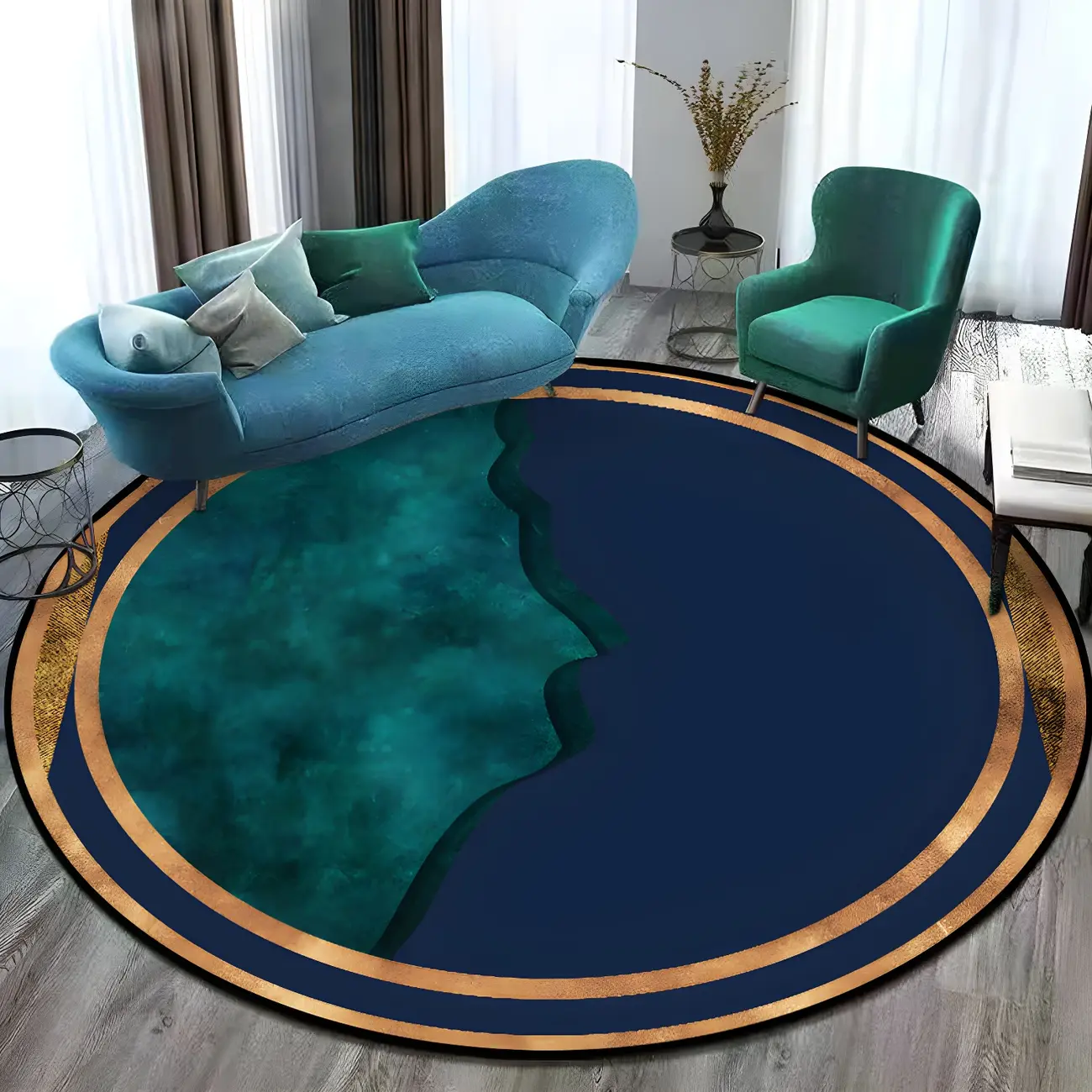 Large Blue Polyester Geometric Round Area Rug Image - 1 | homeyfad