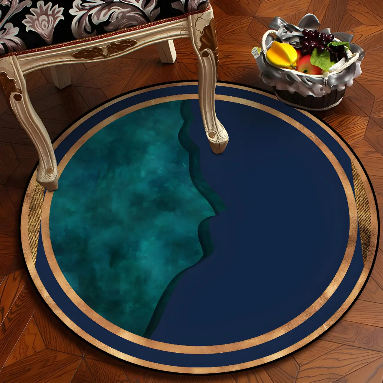 Large Blue Polyester Geometric Round Area Rug Image - 2 | homeyfad