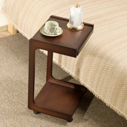 Rolling Rectangle Wooden C Shaped Side Table With Drawer Image - 2