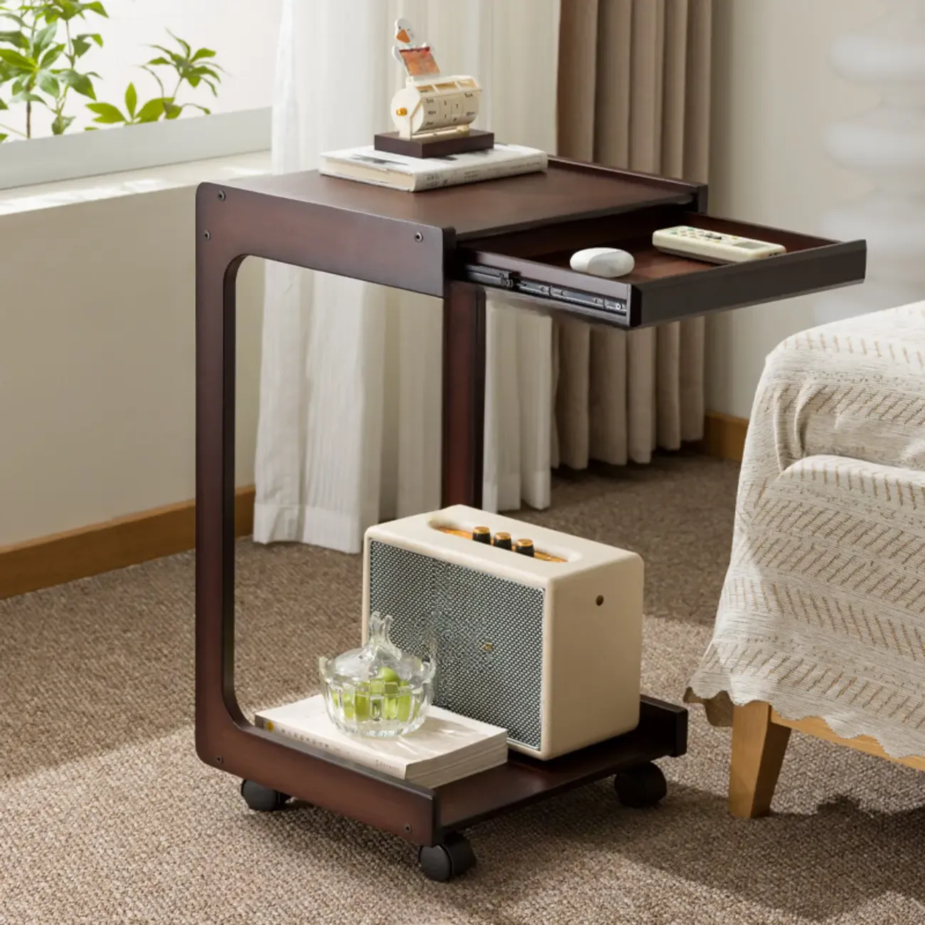 Rolling Rectangle Wooden C Shaped Side Table With Drawer Image - 1