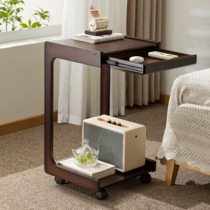 Rolling Rectangle Wooden C Shaped Side Table With Drawer Image - 1