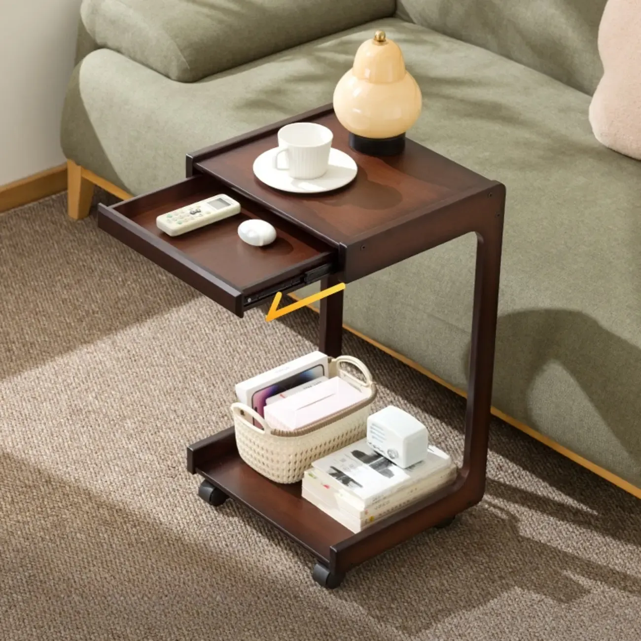 Rolling Rectangle Wooden C Shaped Side Table With Drawer Image - 3