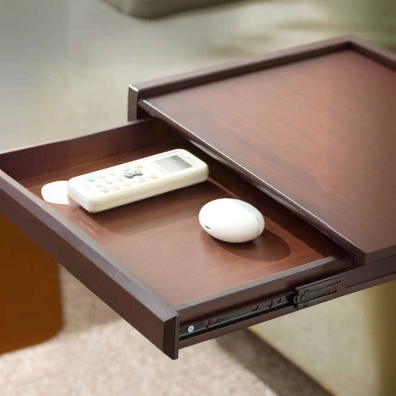 Rolling Rectangle Wooden C Shaped Side Table With Drawer Image - 5 | homeyfad