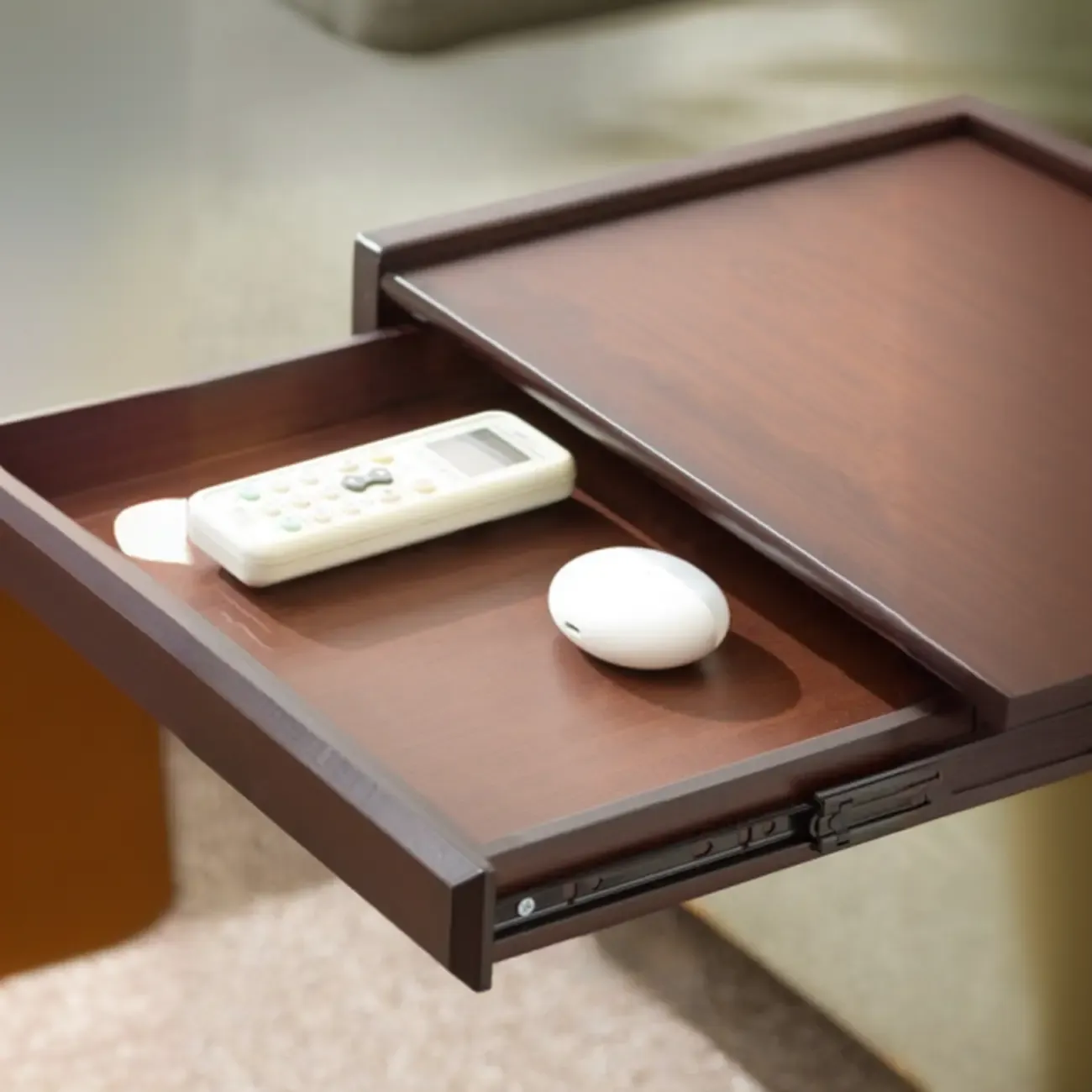 Rolling Rectangle Wooden C Shaped Side Table With Drawer Image - 5