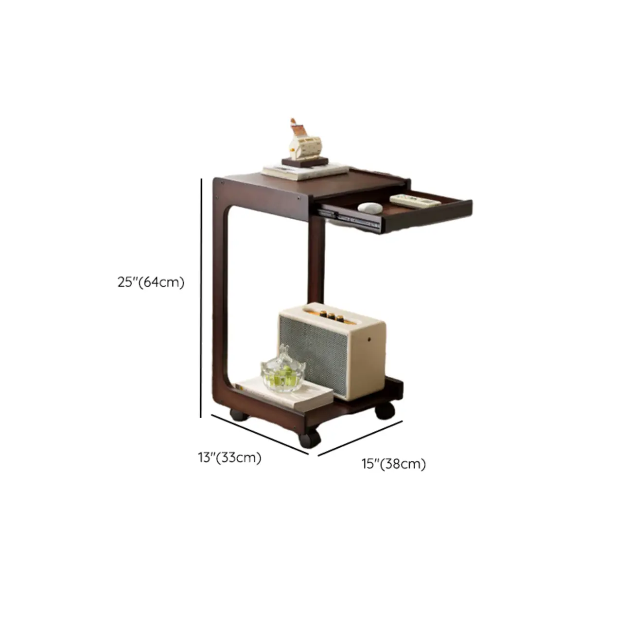 Rolling Rectangle Wooden C Shaped Side Table With Drawer #size | homeyfad