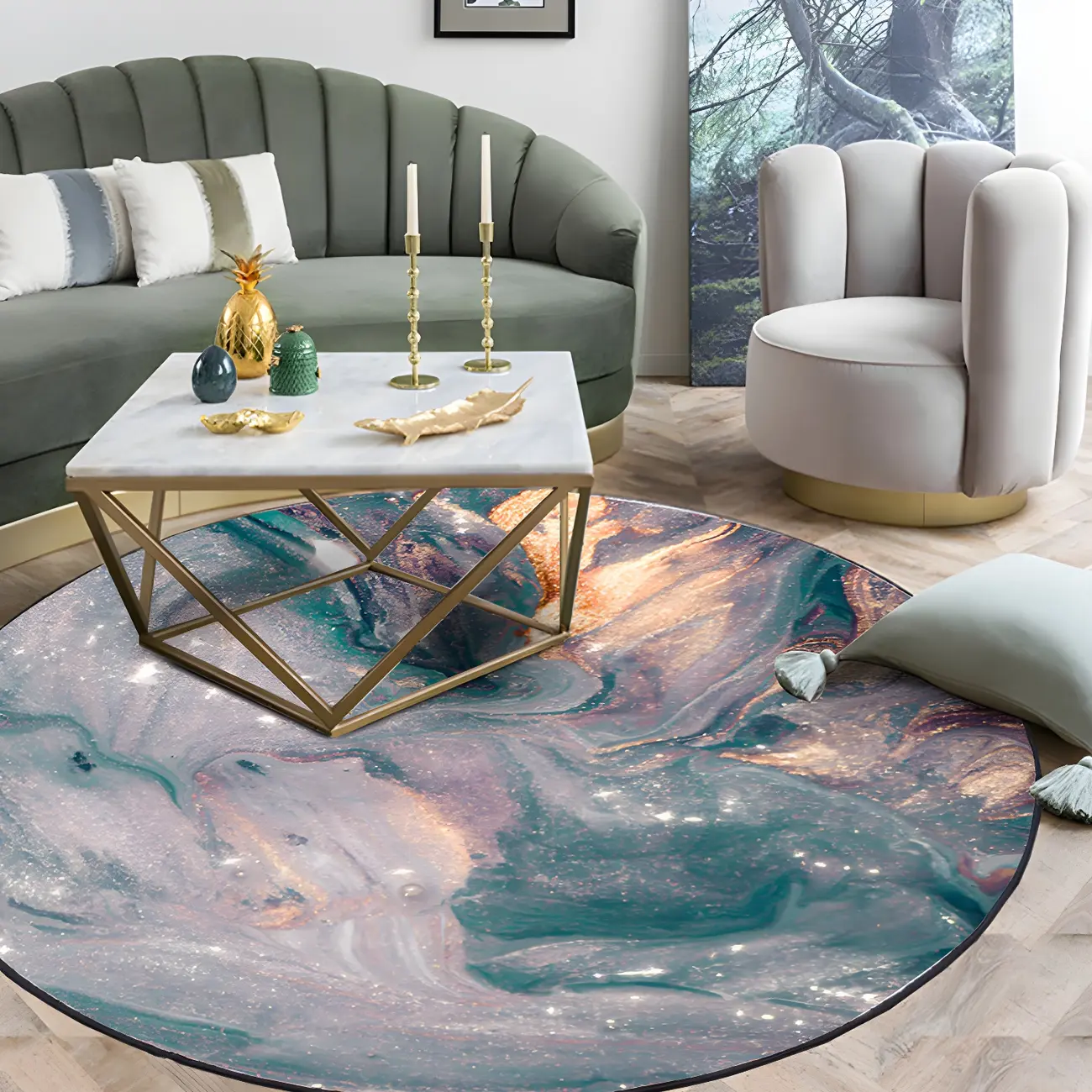  Bedroom Industrial Green Polyester Round Area Rug Image - 1 | homeyfad