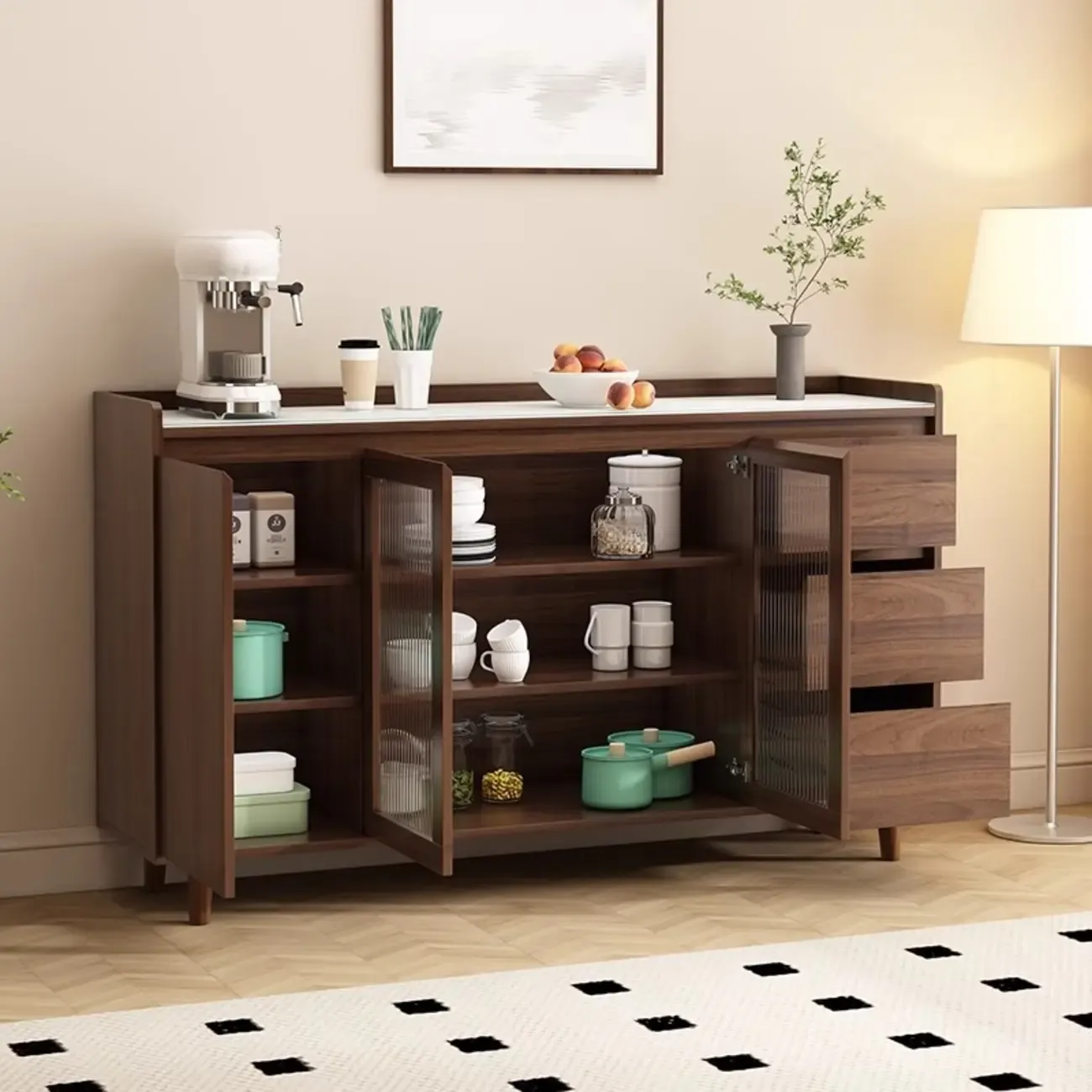 Modern Wood Sideboard with Glass Countertop Image - 3