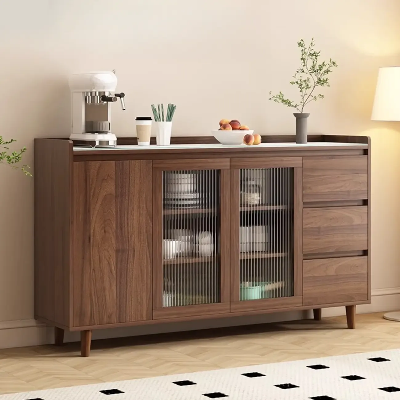 Modern Wood Sideboard with Glass Countertop Image - 8