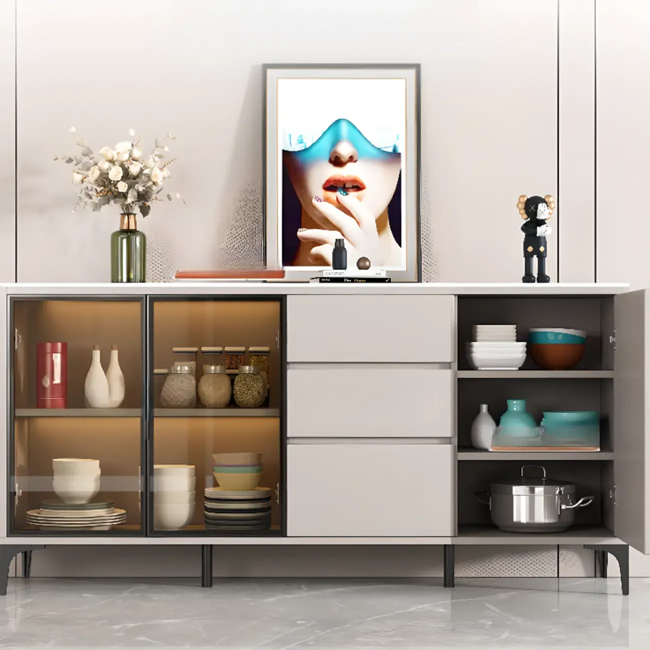 Modern Wood Buffet with Glass Doors Stone Top Image - 1