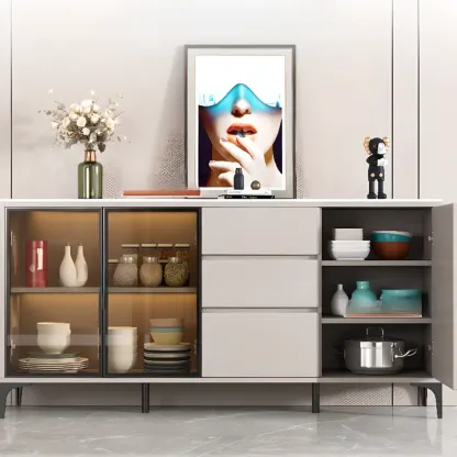 Modern Wood Buffet with Glass Doors Stone Top Image - 1