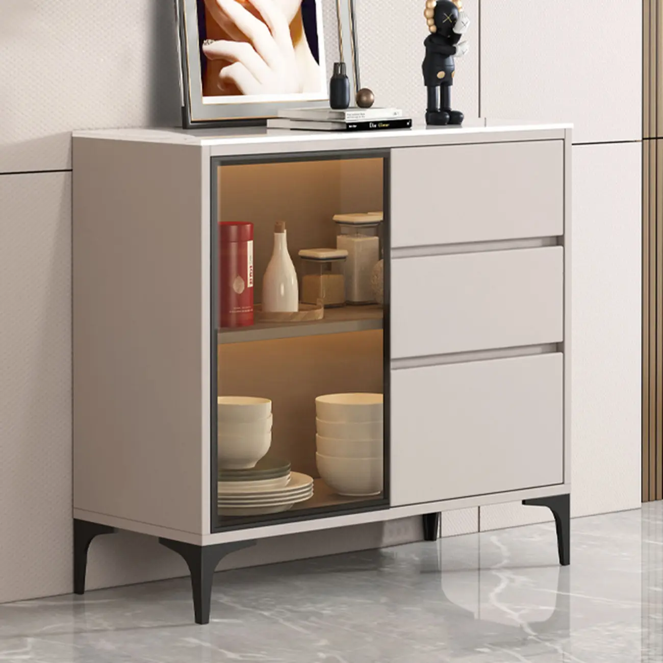 Modern Wood Buffet with Glass Doors Stone Top Image - 2 | homeyfad