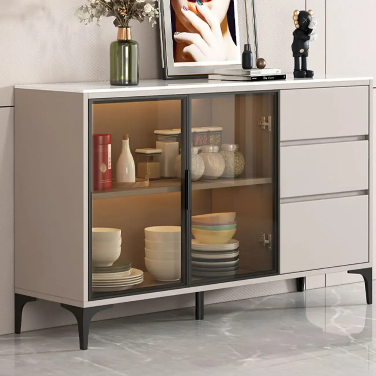 Modern Wood Buffet with Glass Doors Stone Top Image - 3