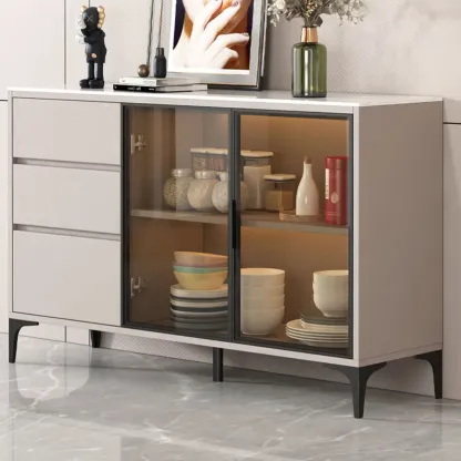 Modern Wood Buffet with Glass Doors Stone Top Image - 4