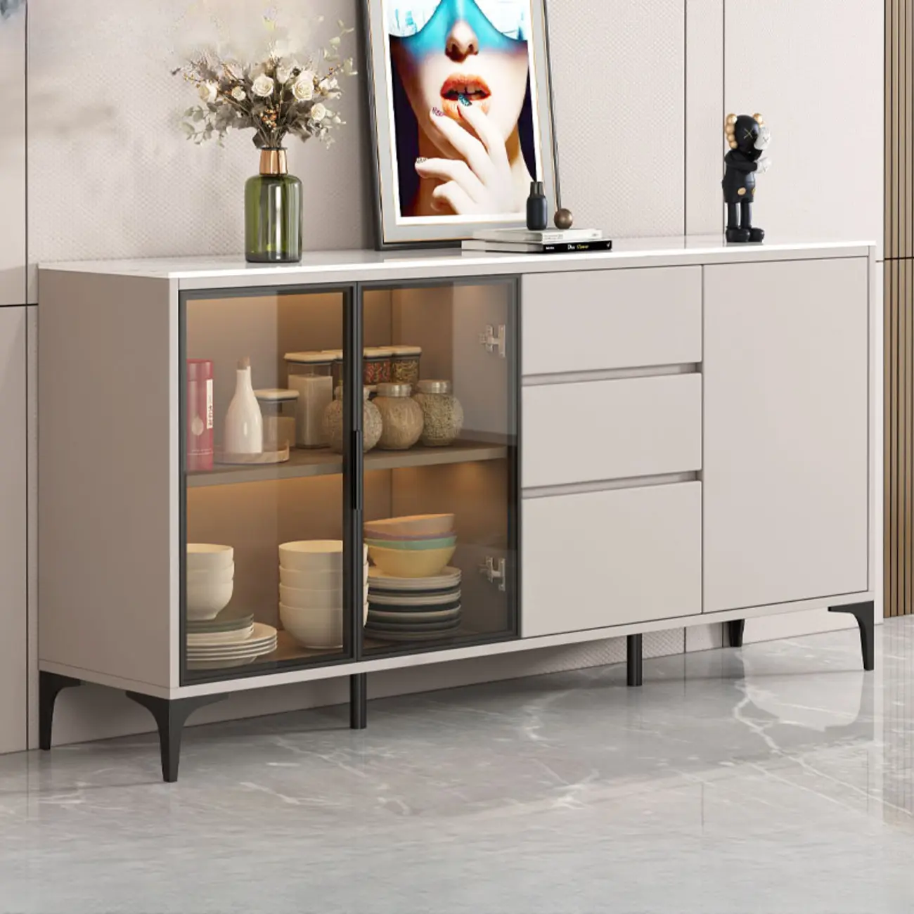 Modern Wood Buffet with Glass Doors Stone Top Image - 5 | homeyfad