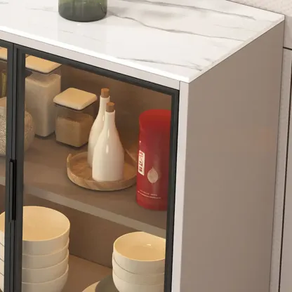 Modern Wood Buffet with Glass Doors Stone Top Image - 6