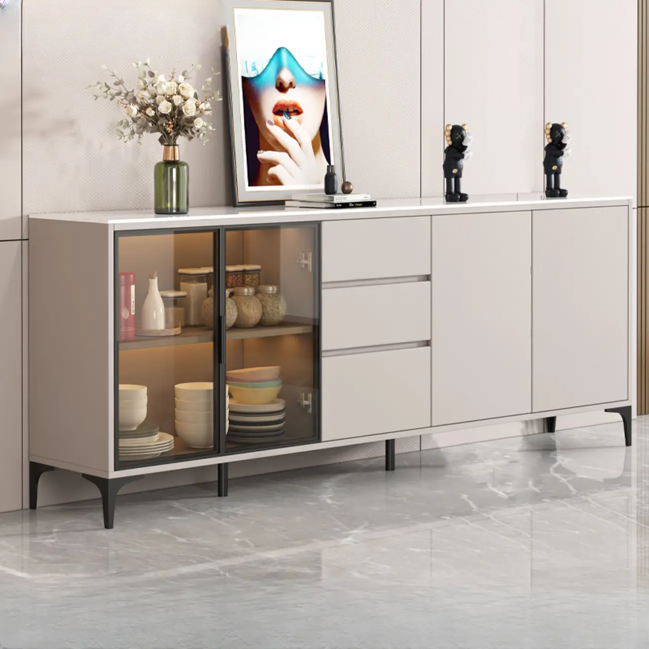 Modern Wood Buffet with Glass Doors Stone Top Image - 7 | homeyfad