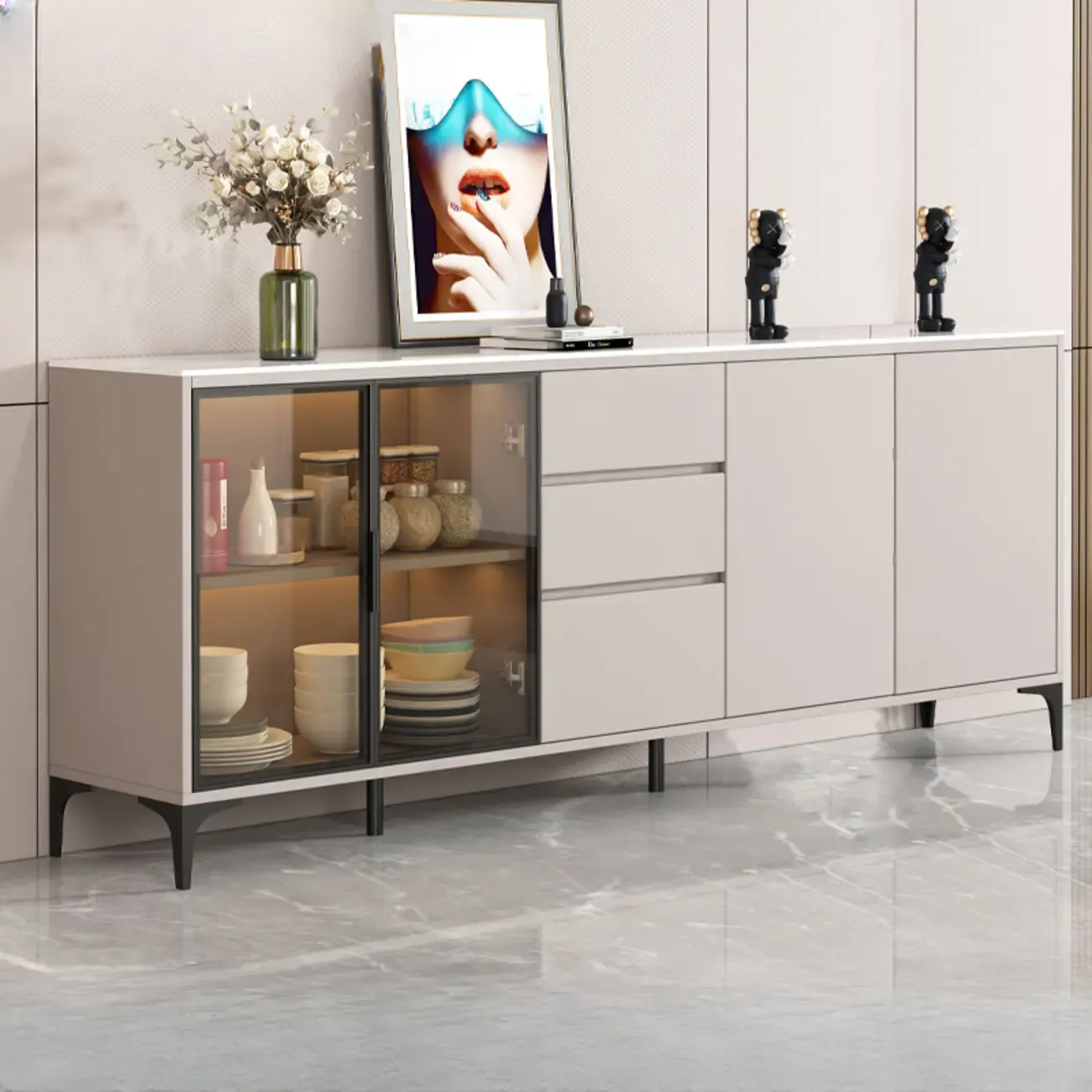 Modern Wood Buffet with Glass Doors Stone Top Image - 7